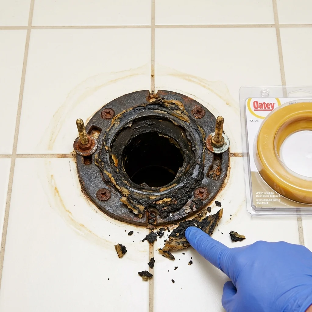 Failed wax ring showing water seepage at the base of a toilet in a Russell, PA home
