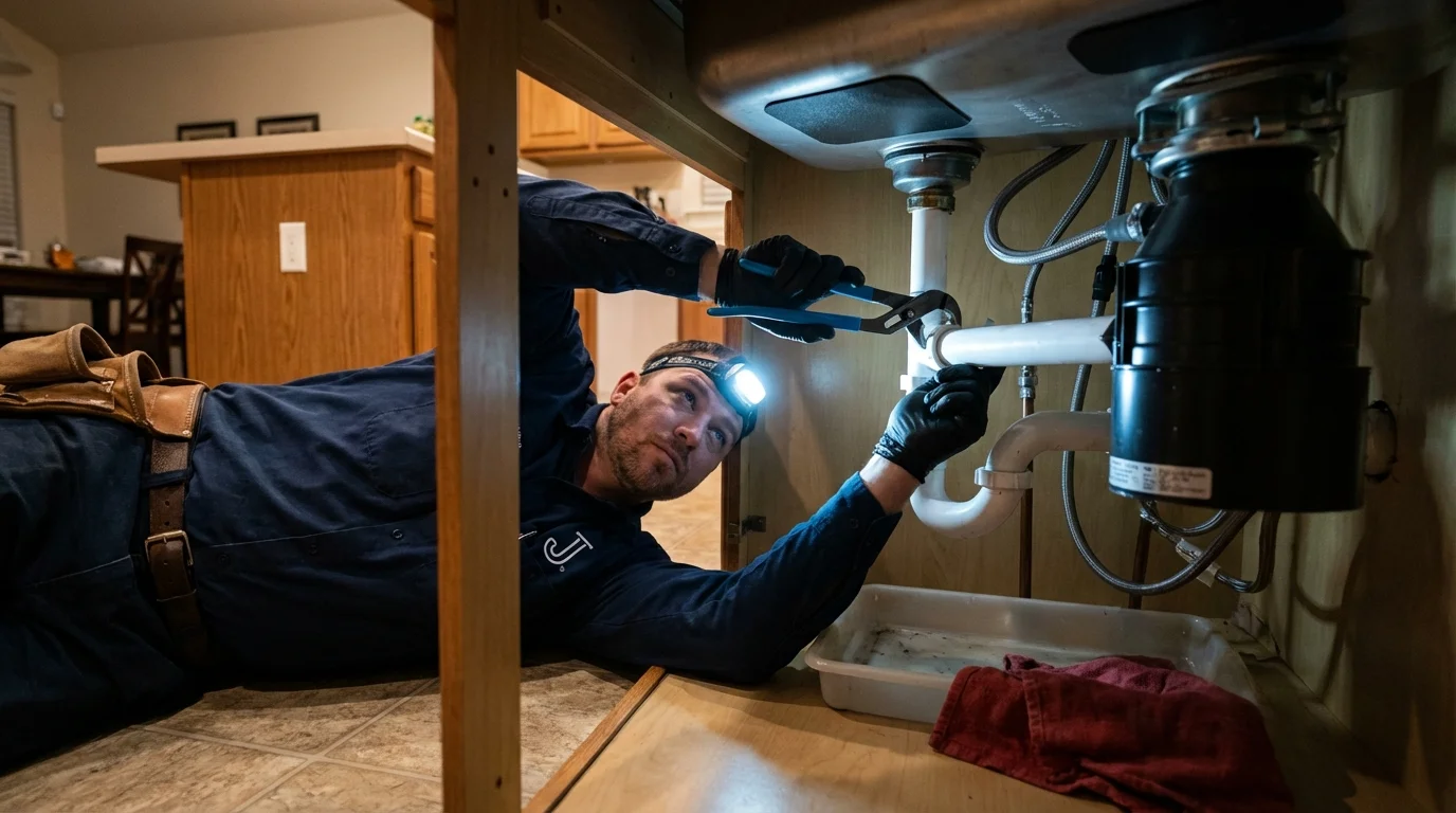 P-trap and supply line connections under a kitchen sink showing a common leak point in Russell, PA